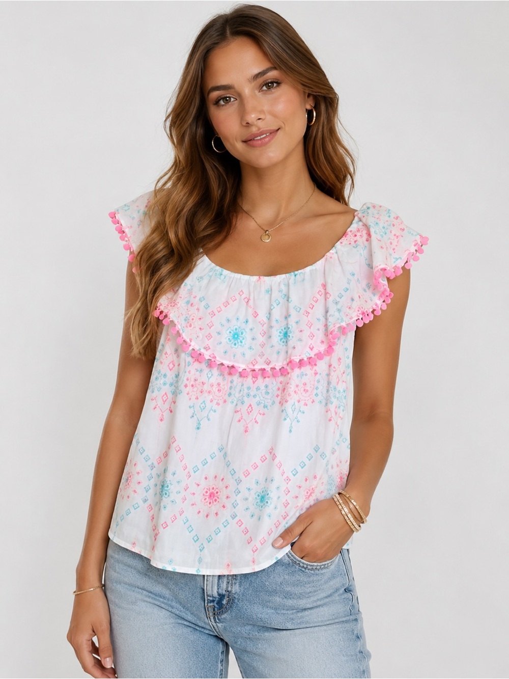Nwt Crown & Ivy Eyelet Pom Pom top